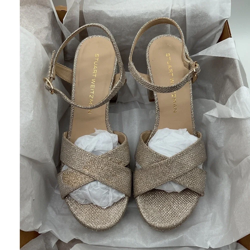 Stuart Weitzman‎ Metallic Champagne Glitter Platform Block Heel Sandals Spain 9